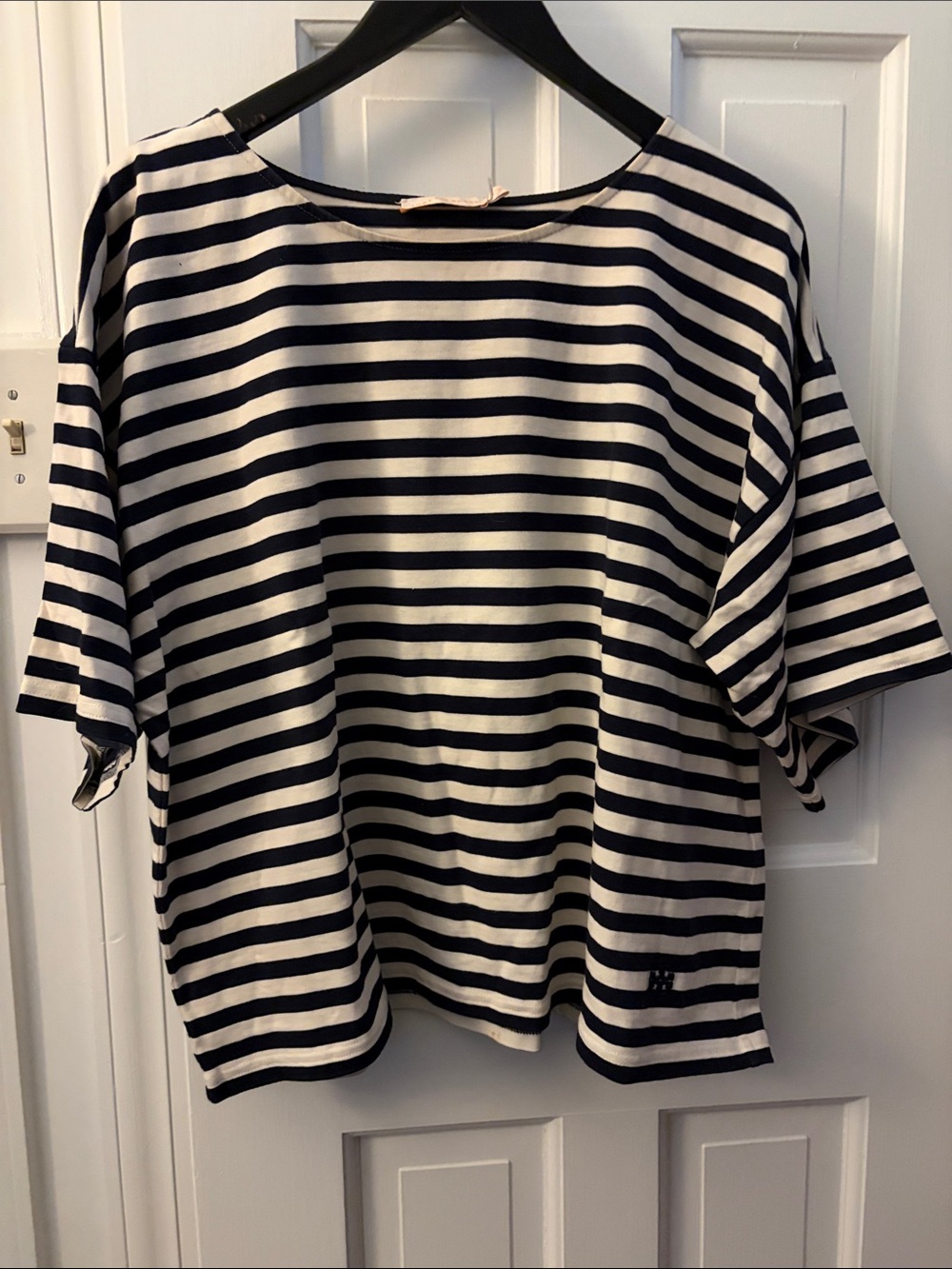 Tory Burch- Boxy Logo Navy and White Striped Boatneck Top, Size XL